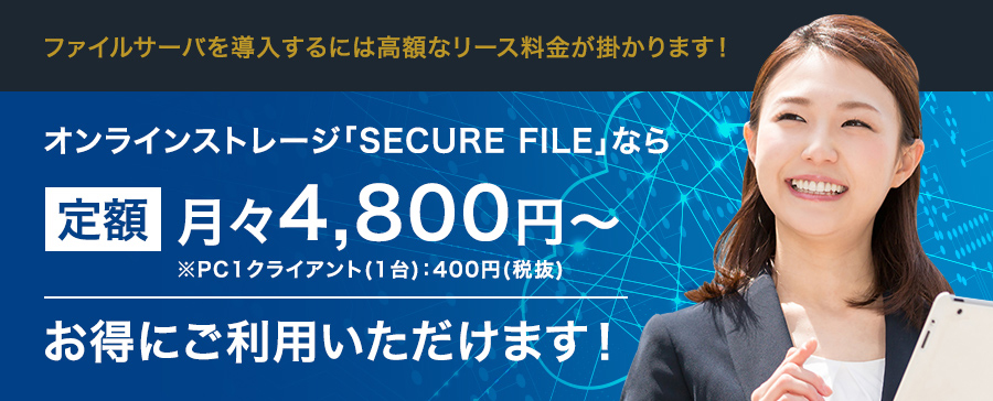 ファイルサーバを導入するには高額なリース料金が掛かります！ オンラインストレージ「SECURE FILE」なら定額月々4,800円～ お得にご利用いただけます！
