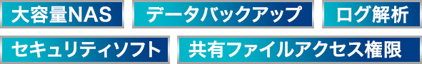 大容量NAS、データバックアップ、ログ解析、セキュリティソフト、共有ファイルアクセス権限