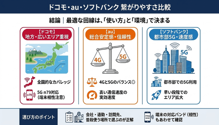 ドコモ・au・ソフトバンクの繋がりやすさ比較：最適な回線は「使い方」と「環境」で決まる