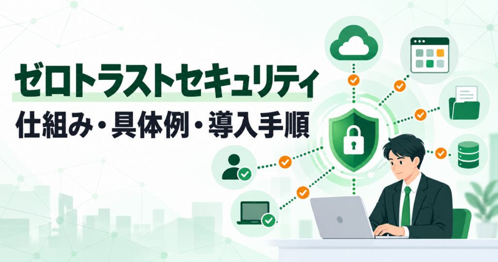 ゼロトラストセキュリティの仕組み・具体例・導入手順を示すイメージ