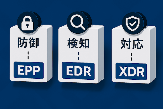 EPP・EDR・XDRの役割を防御・検知・対応の3要素で図解したイメージ。背景は青系グラデーション、アイコンとラベルで違いを視覚的に表現。
