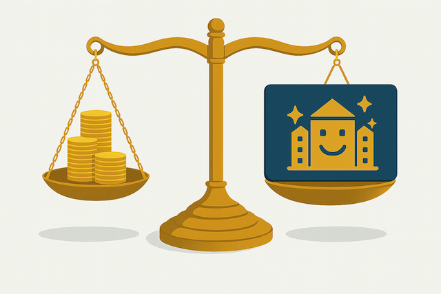 エンドポイントセキュリティにおけるコストと企業価値のバランスを象徴する図。