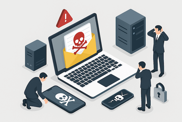 サイバー攻撃に遭ったエンドポイントの様子を表した図。パソコンからウイルスファイルが出現し、破損した南京錠や割れたスマホが情報漏洩リスクを象徴している。