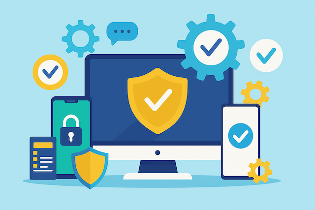 情報セキュリティの3要素（機密性・完全性・可用性）を守るための対策を示すイラスト。パソコン画面を中心に、シールドやスマートフォン、セキュリティ関連のアイコンが周囲に配置され、システム全体の防御力を表現している。