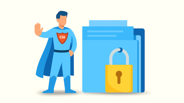 スーパーヒーロー風の人物が右手を挙げて立ち、左側に鍵付きのフォルダを守っているイラスト。