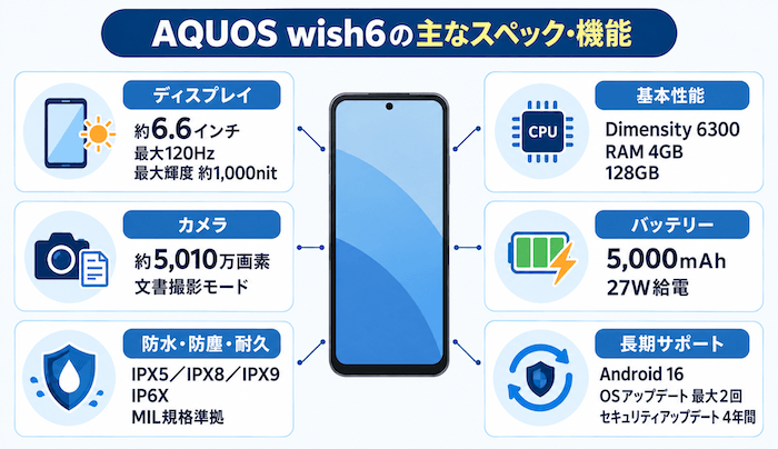AQUOS wish6の主なスペック・機能（ディスプレイ・性能・カメラ・バッテリー・耐久性・アップデート）