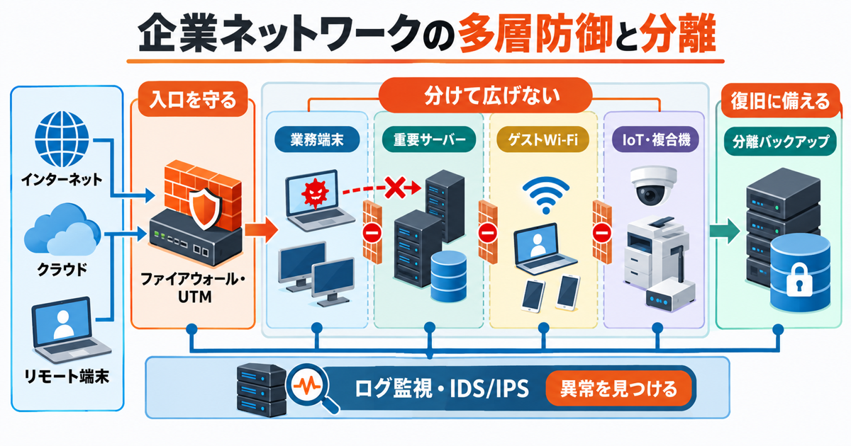 企業ネットワークを多層防御し、業務端末・重要サーバー・ゲストWi-Fi・IoT・複合機を分離する構成図